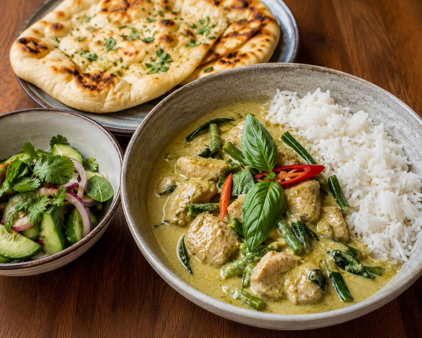 Thai Green Chicken Curry With Rice, Thai Cucumber And Herb Salad & Naan Breads