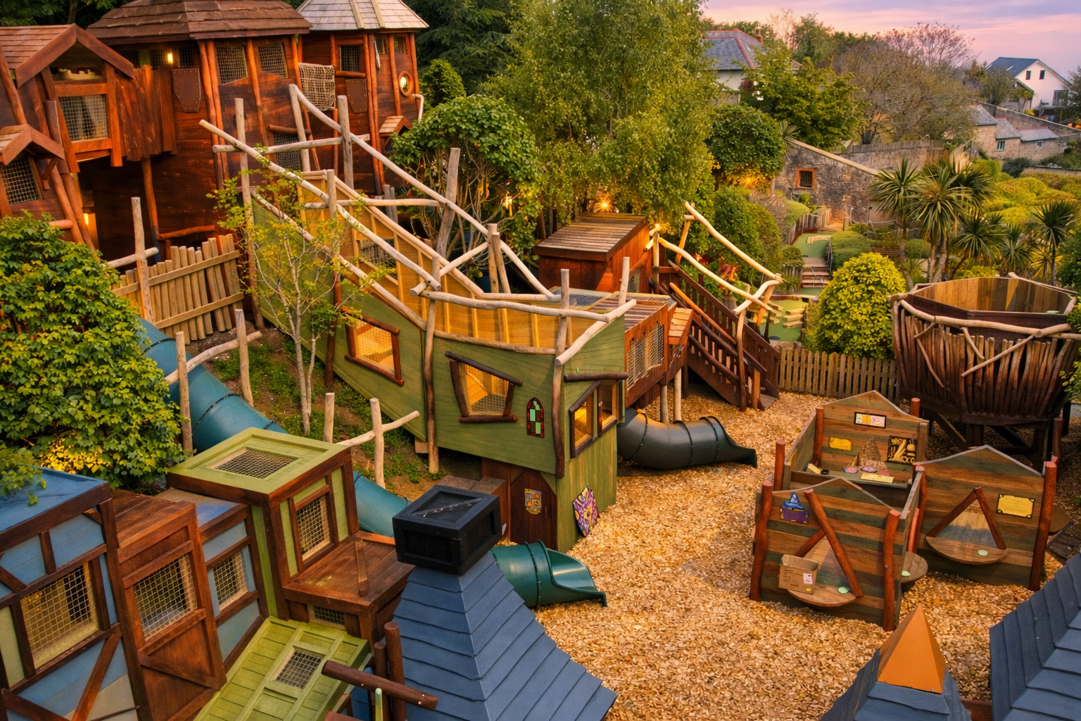 Hobbledown Bay adventure play area at Watermouth Castle during a warm early evening in North Devon