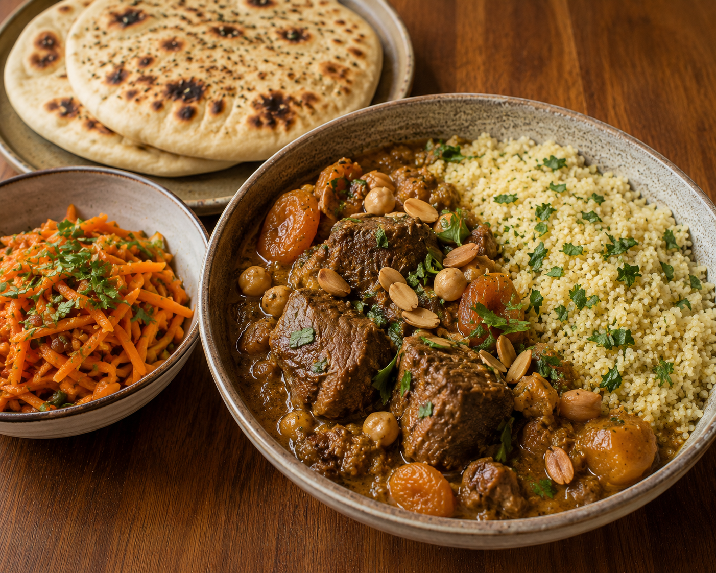 Lamb Tagine With Herbed Couscous, Flat Breads And A Lightly Spiced Carrot Salad
