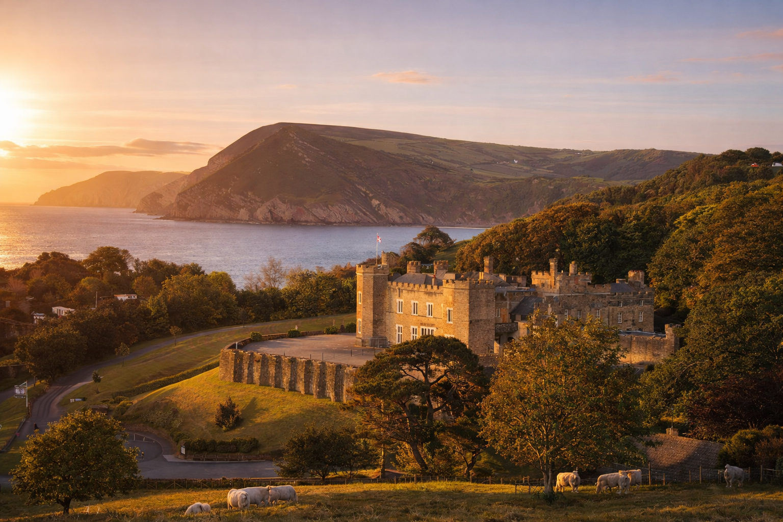 Watermouth Castle at sunset overlooking the North Devon coast during a Twilight evening event