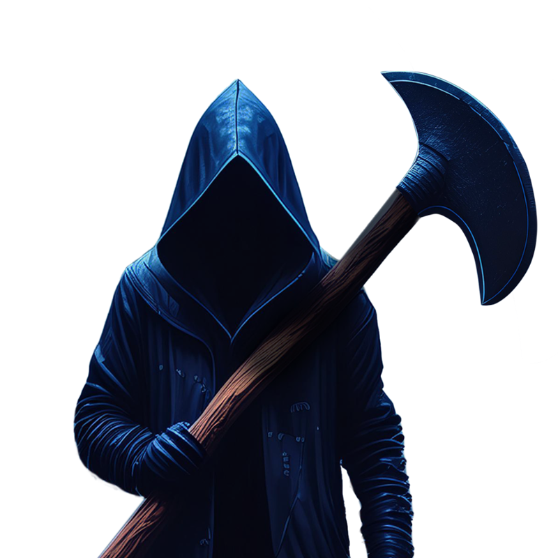 Terrifying hooded character with hidden face wielding a large axe, part of Watermouth Castle Halloween scare event, spooky cloaked figure in eerie lighting.