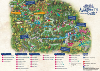 Illustrated map of Watermouth Castle theme park in Devon showing attractions including Adventure Valley, Gnome Land, Dungeon Labyrinths, Wonder Gardens and Castle Treasures.