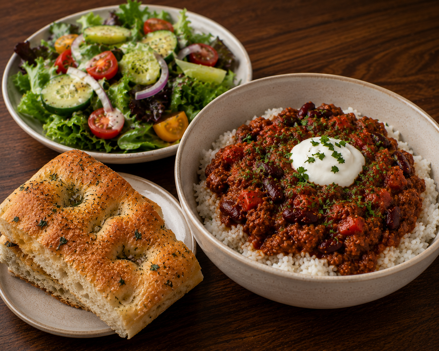 Chilli Con Carne And Rice With Garlic Bread And Seasonal Salad