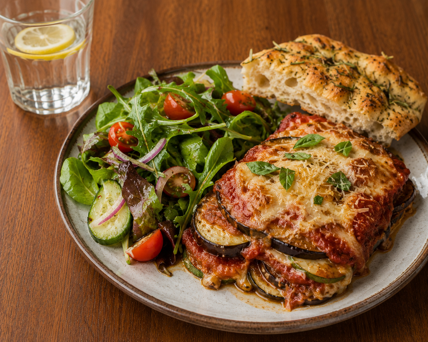 Aubergine And Courgette Parmigiano, Season Salad And Garlic Bread