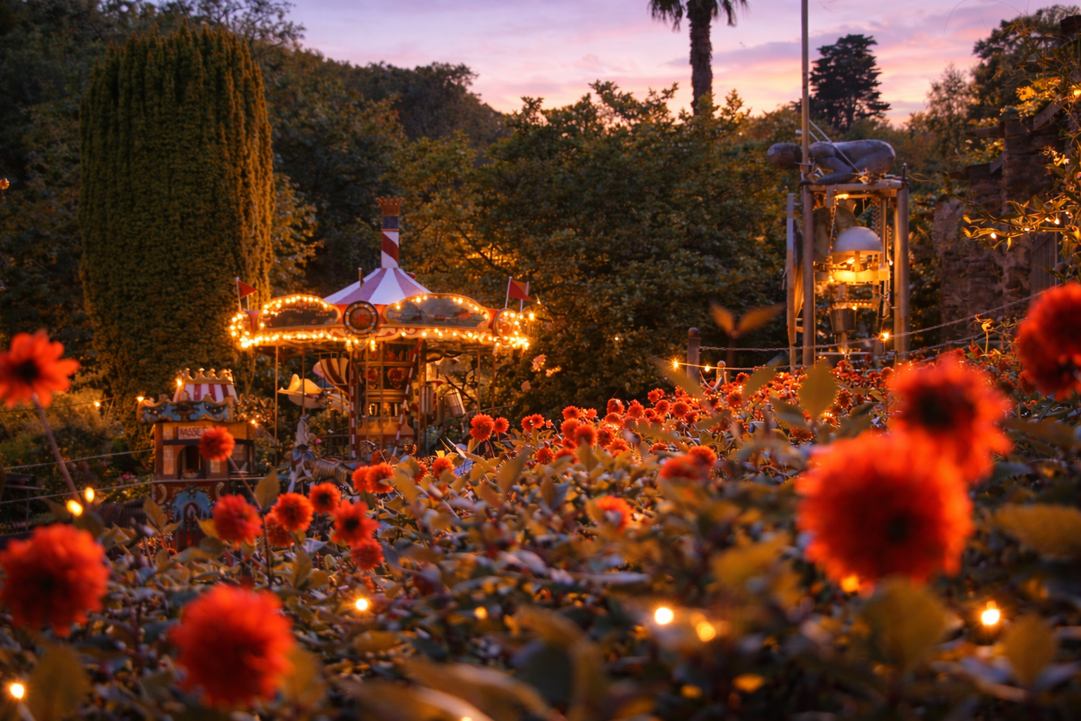 Carousel lights glowing during Twilight at Watermouth Castle family attraction in North Devon