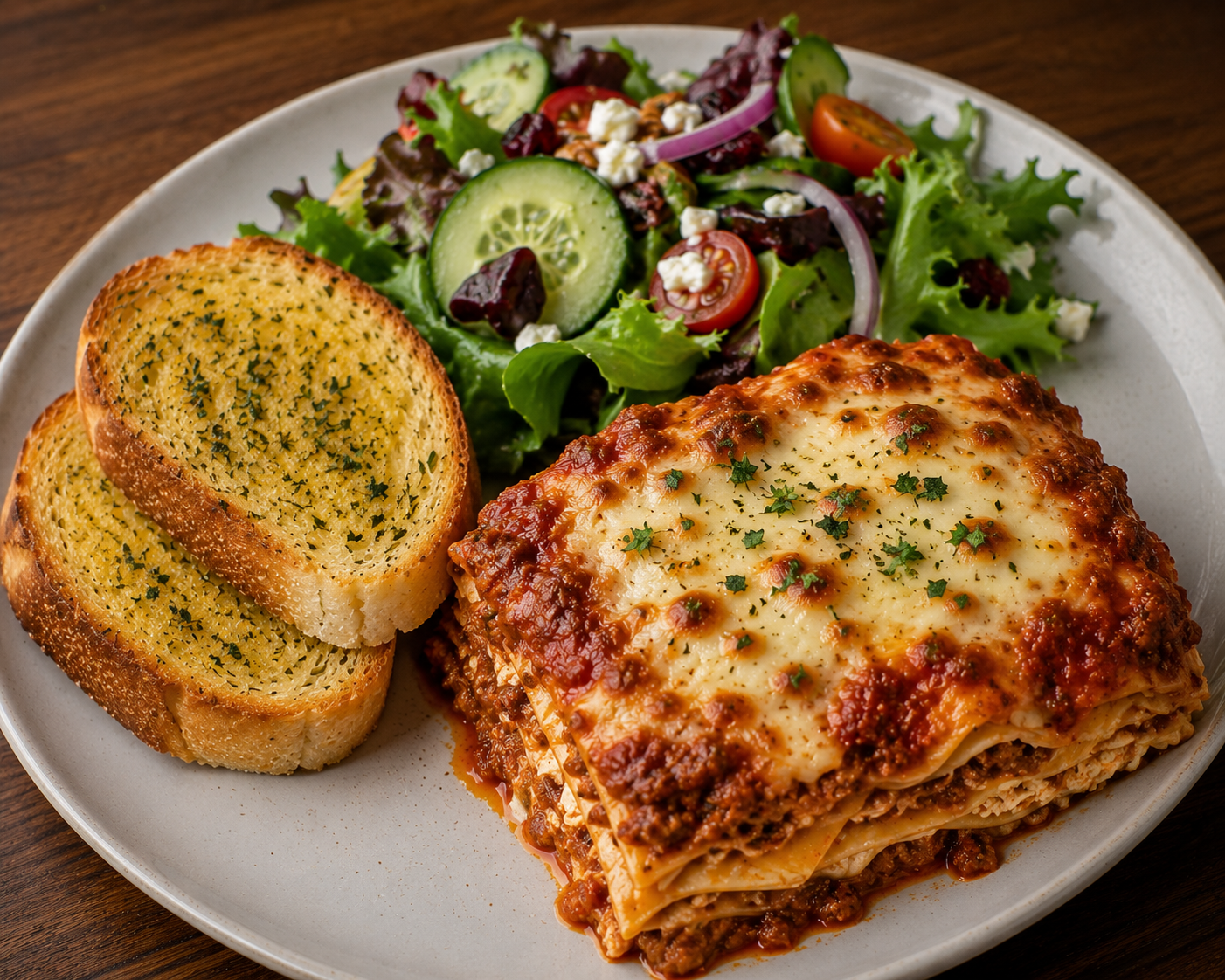 Lasagne, Garlic Bread And Seasonal Salad Portion